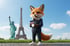 Ein Fuchs-Maskottchen mit Kopfhörern und Smartphone steht vor der Freiheitsstatue und dem Eiffelturm.