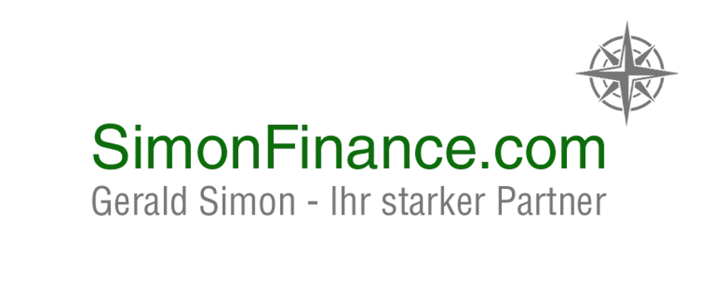 Das Logo zeigt "SimonFinance.com" in Grün, darunter "Gerald Simon - Ihr starker Partner" in Grau, mit einem Kompass.