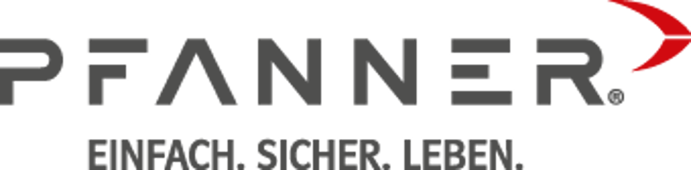 Logo von Pfanner mit dem Slogan "Einfach. Sicher. Leben." in Grau und Rot.