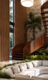 Modern interior with a rusted metal spiral staircase, wood-paneled walls, and a recessed white sofa surrounded by plants.