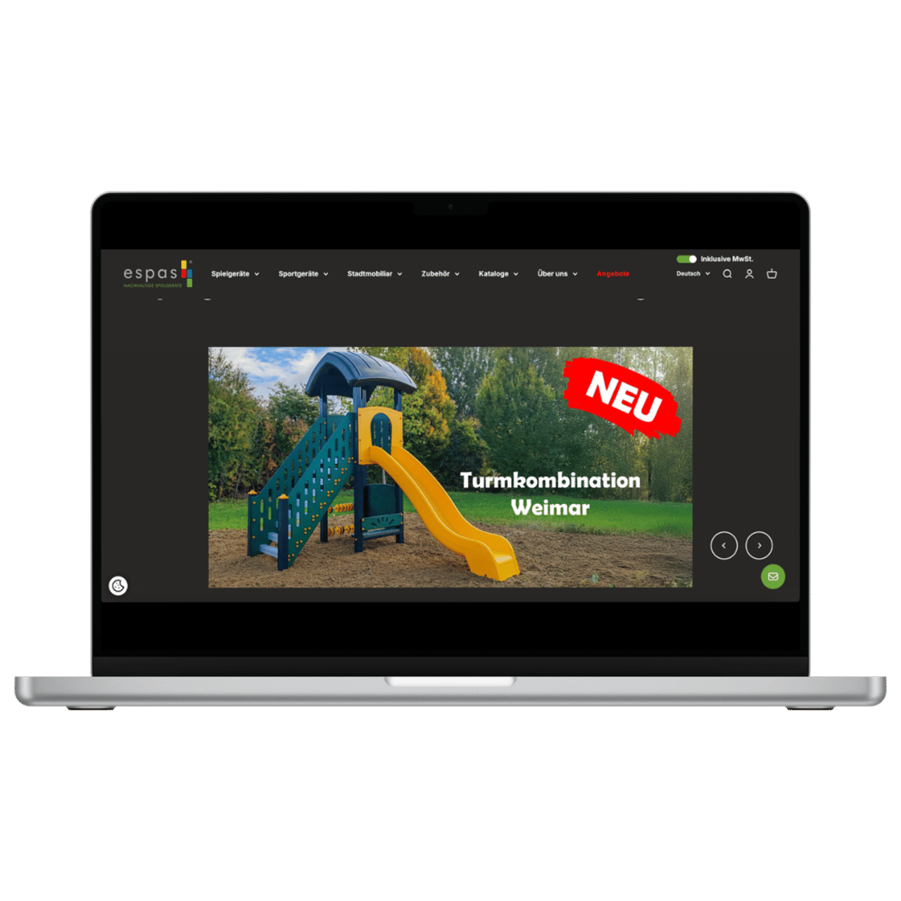 Laptop zeigt Espas-Website mit Spielturm, gelber Rutsche, grünen Treppen und Text "NEU Turmkombination Weimar".