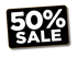 Weißer Text „50% SALE“ auf einem leicht geneigten, schwarzen Rechteck mit dünnem gelbem Rahmen vor schwarzem Hintergrund.
