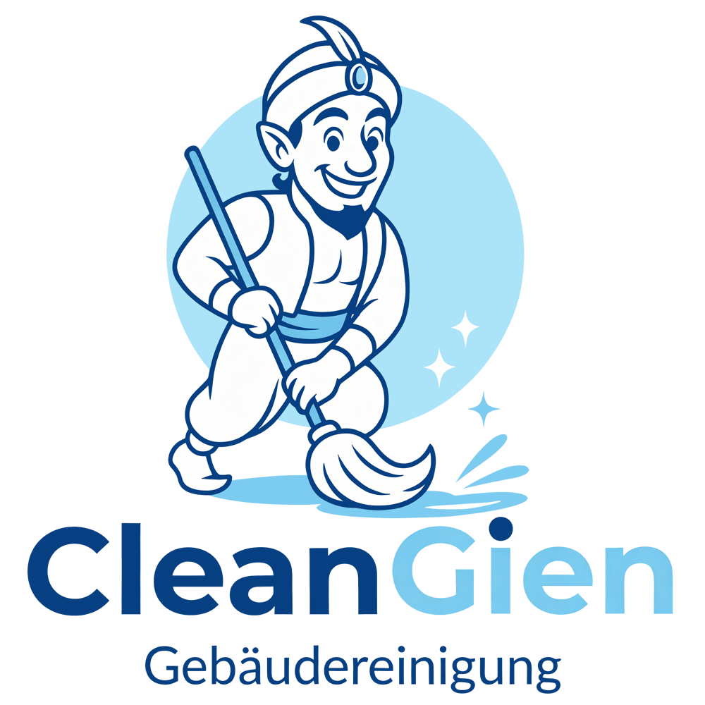 Ein Dschinn mit Turban und Weste kehrt mit einem Besen. "CleanGien" steht darunter.