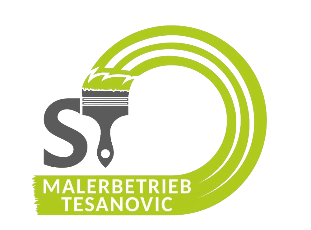Grüner Pinselstrich bildet Kreis; graue Pinsel mit „ST“ und „MALERBETRIEB TESANOVIC“