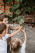 Kinder greifen nach Weintrauben im Innenhof