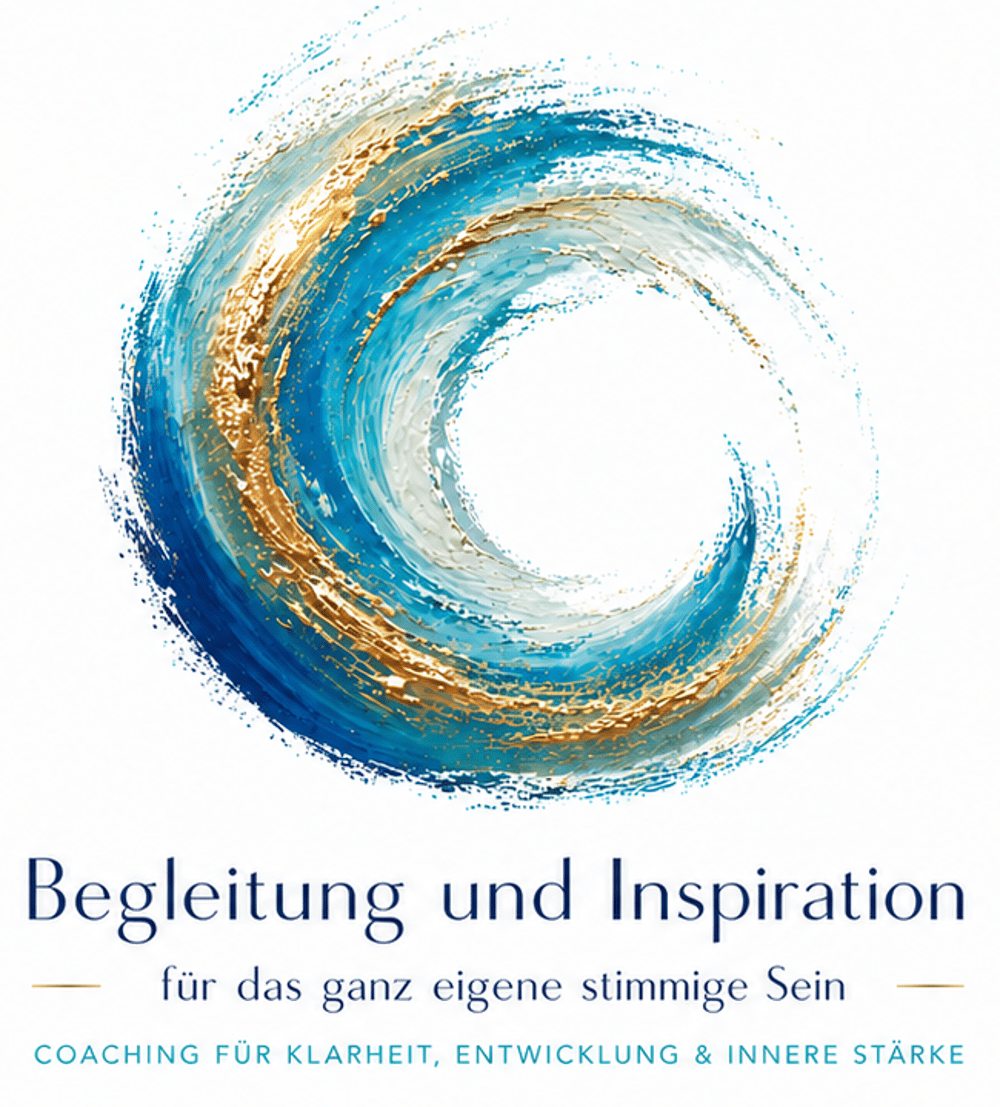 Abstrakte blau-goldene Spirale mit Text: Begleitung und Inspiration für das eigene stimmige Sein – Coaching für Klarheit.