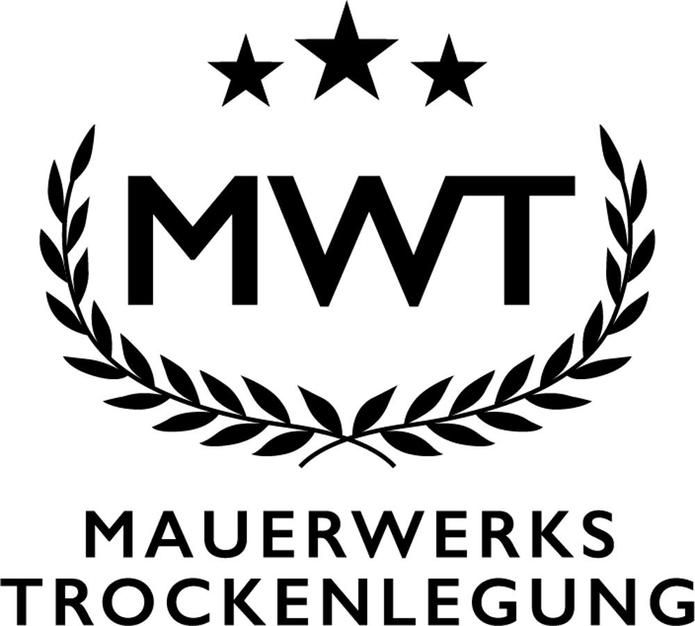 Logo "MWT Mauerwerkstrockenlegung" mit Lorbeerkranz und drei Sternen.