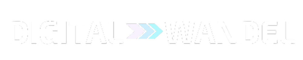 DIGITAL WANDEL-Logo mit drei blauen Pfeilen zwischen den Wörtern.