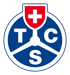 Blaues TCS-Logo mit Schweizer Kreuz oben, Buchstaben T, C, S in den Segmenten eines Lenkrads.
