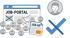 Jobportal-Browserfenster mit "JOB-PORTAL" Text, Lebensläufen, Jobanzeige, einem Benutzerprofil und einem Häkchen.
