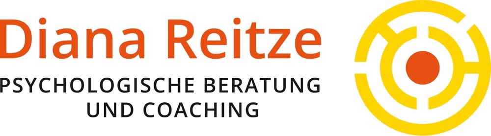 Logo Diana Reitze Psychologische Beratung und Coaching mit gelbem Labyrinth-Symbol und rotem Punkt.