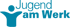 Logo von Jugend am Werk mit stilisiertem Menschen in Blau auf dunkelgrünem Hintergrund.