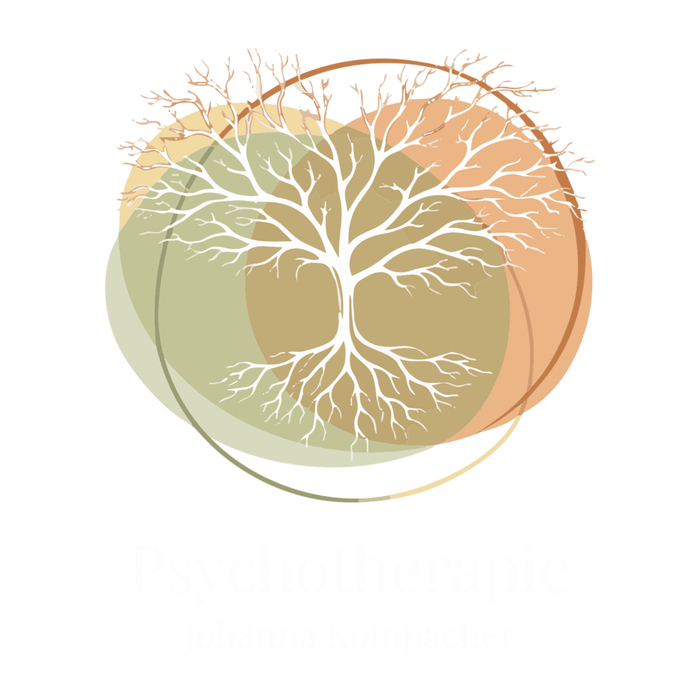 Logo: Weißer Baum mit Wurzeln, umgeben von grünen und orangefarbenen Kreisen. Text: "Psychotherapie J. Kompacher".
