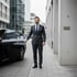 Professioneller Chauffeur öffnet die Tür einer schwarzen Business-Limousine in der Schweiz