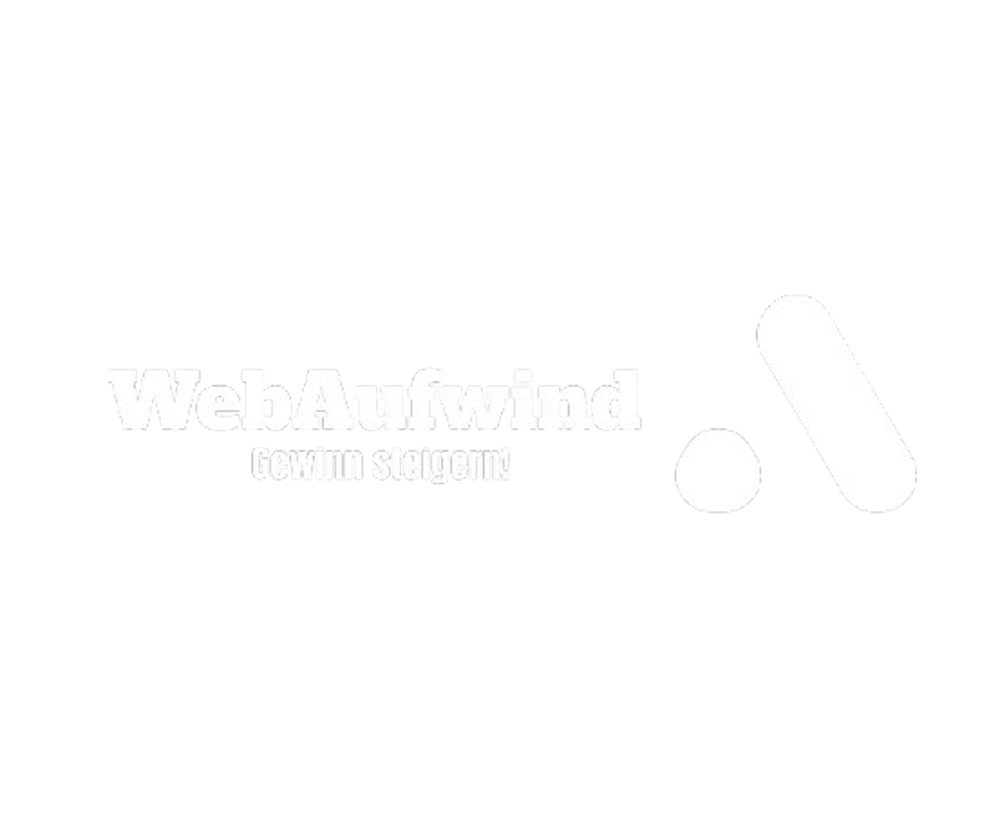 WebAufwind: Gewinn steigern! Logo mit weißem Text und grafischem Element auf dunkelgrünem Hintergrund.