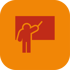 Rote Figur zeigt auf eine rote Tafel auf orangefarbenem Hintergrund.