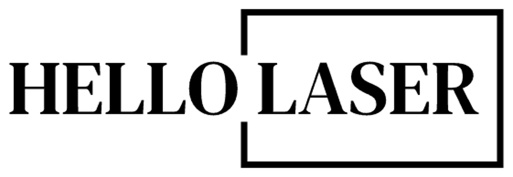 Das Logo zeigt den Schriftzug "HELLO LASER" in Schwarz auf grünem Hintergrund, wobei "LASER" von einem unvollständigen schwarzen Quadrat umrahmt wird.