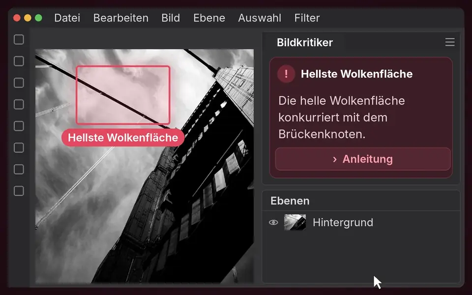 Bildkritiker-Plugin in Photoshop: Der Befund Hellste Wolkenfläche wird per Klick als eigene Korrekturebene angelegt