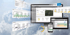 Wetter-Dashboard auf Computer, Tablet und Smartphone mit Wind- und Druckgrafiken vor einem Wolkenhintergrund.