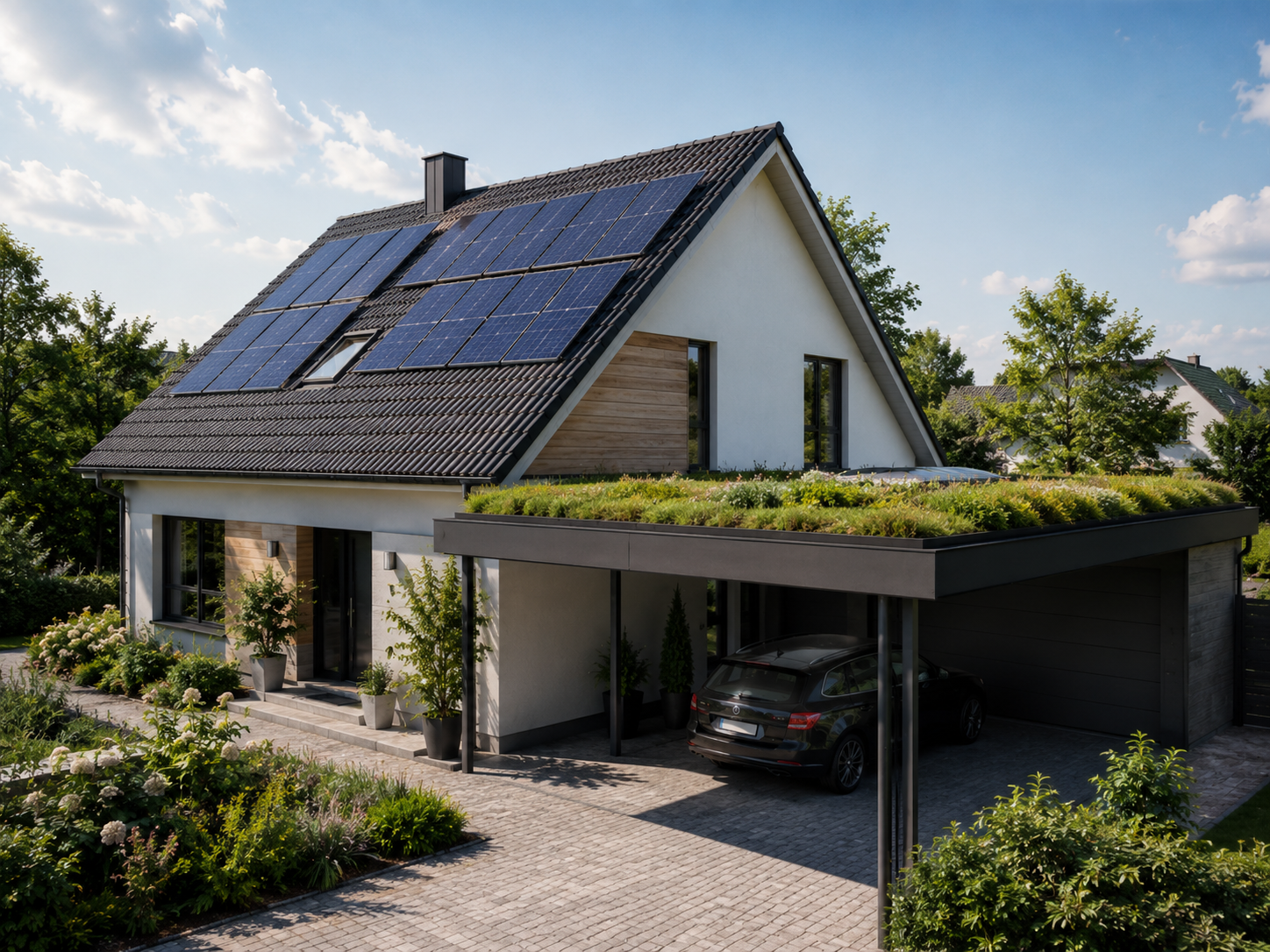 Haus mit Photovoltaik und begrüntem Carport