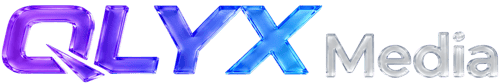 QLYX Media Logo in glänzenden violetten, blauen und silbernen 3D-Buchstaben auf schwarzem Hintergrund.