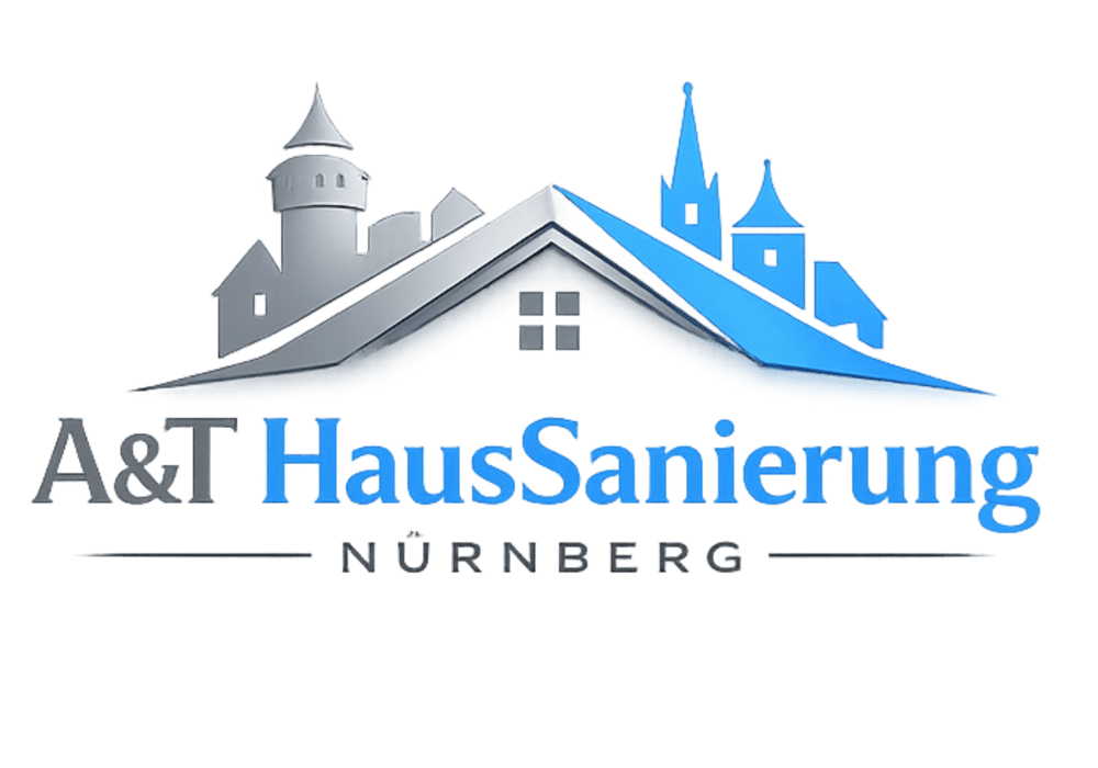 Logo A&T HausSanierung Nürnberg mit stilisierten Dächern und einer Burg-Silhouette.