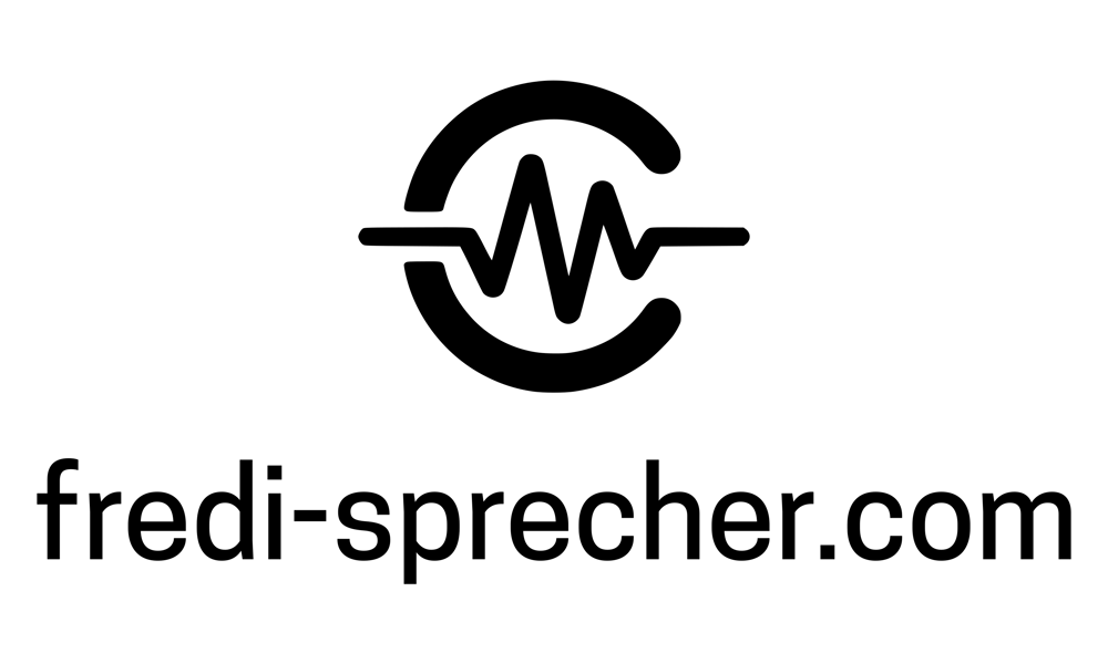 Cremefarbenes Logo mit stilisiertem Mikrofon und Schallwellen auf schwarzem Hintergrund, darunter "fredi-sprecher.com".