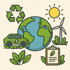 Globus, Recycling-Symbol, Sonne, Windrad, Elektroauto, Klemmbrett mit Blatt und grüne Blätter.