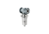 Ein graues, geflanschtes Ventil mit einem zylindrischen Metallfilter auf grünem Hintergrund.