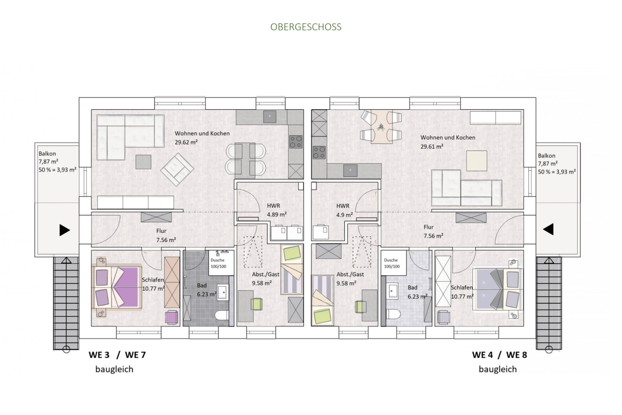 Grundriss der Obergeschosswohnungen, 3 Zimmer, 72,6 m²
