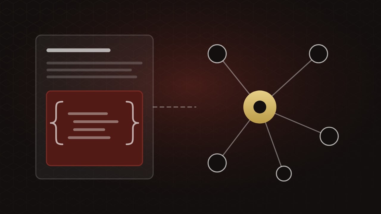 Illustration: Eine Webseite mit Codeklammern, daneben ein Netz verbundener Punkte mit goldenem Mittelpunkt.