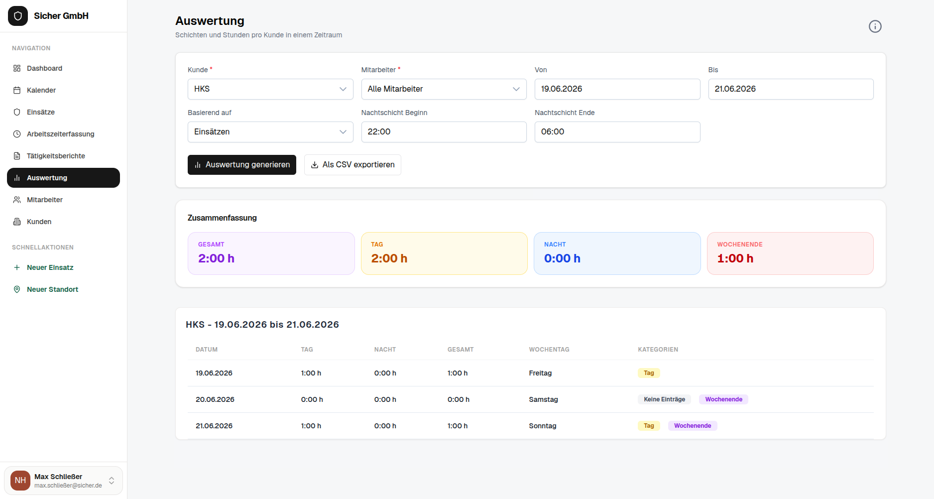 Aureniq Auswertung: Tag-, Nacht- und Wochenendstunden pro Kunde mit CSV-Export