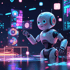 A friendly white robot with pink cheeks stands among glowing blue and pink digital interfaces and data visualizations.