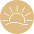 Abstraktes Sonnenaufgangs- oder Sonnenuntergangs-Icon mit Strahlen über einer Welle.