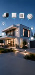 Modernes Smart Home mit integrierten Geräten wie Kamera, Licht, Rollladensteuerung, Thermostat, Rauchmelder, Schloss und Garagentor.