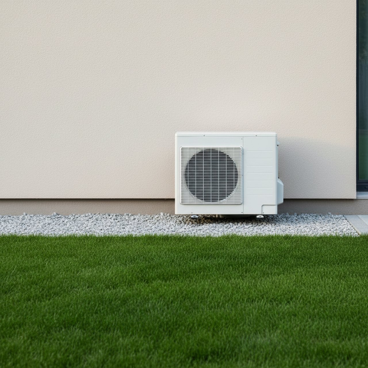 Moderne Luft-Wärmepumpe an der Außenwand eines Wohnhauses