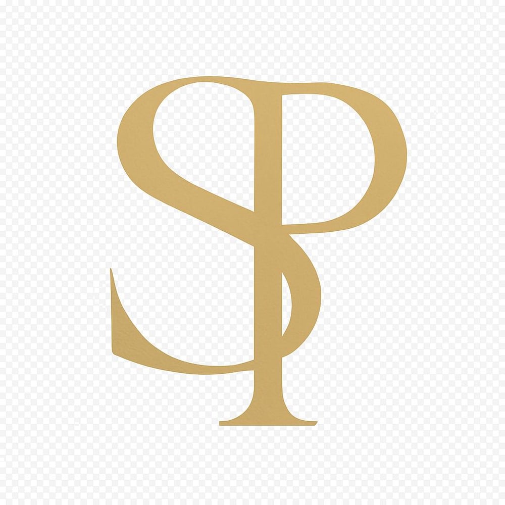 Goldfarbene, ineinander verschlungene Buchstaben S und P auf transparentem Hintergrund.