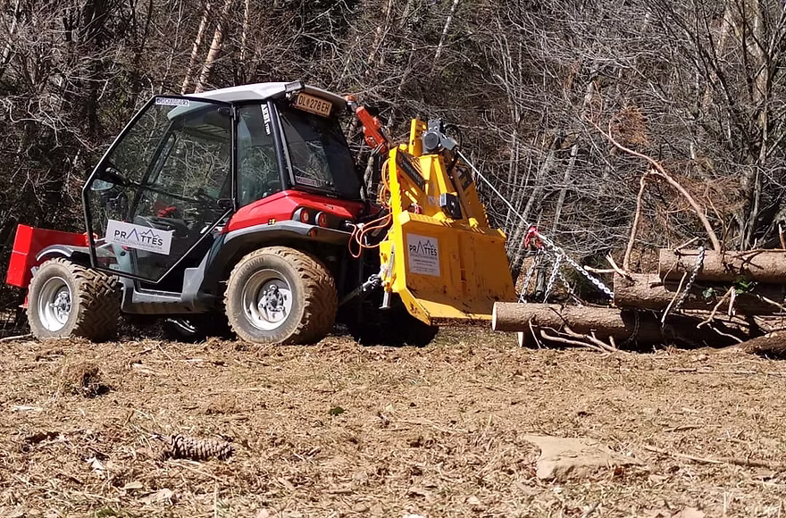 Roter Traktor mit gelbem Anbaugerät zieht Baumstämme mit Ketten auf Waldboden.
