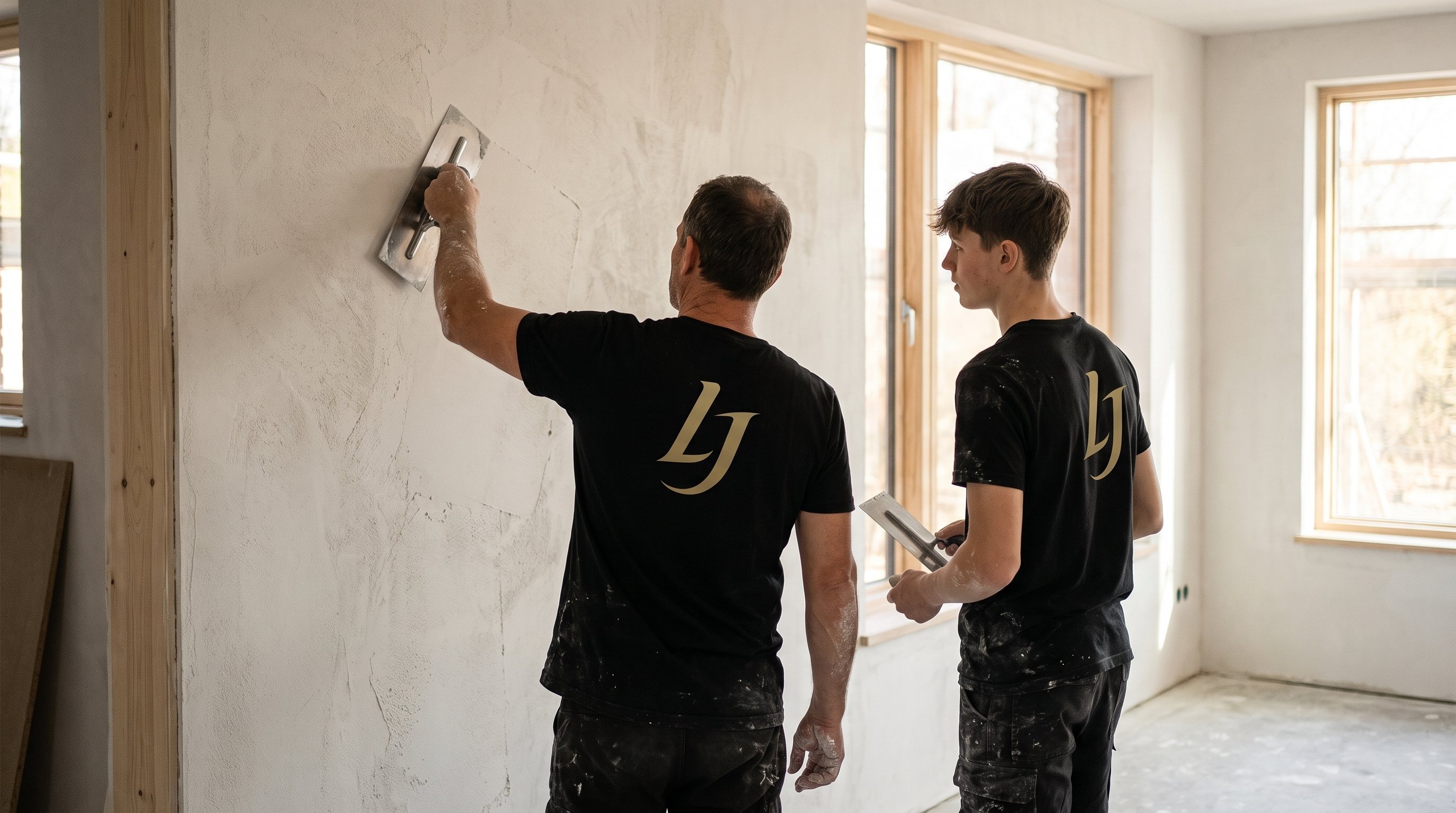 Meister und Azubi in schwarzen Team-Shirts mit LJ-Logo spachteln eine Wand, von hinten fotografiert
