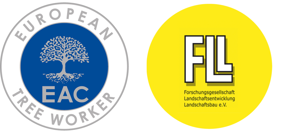 Zwei Logos: European Tree Worker mit Baum-Symbol, FLL mit "Forschungsgesellschaft Landschaftsentwicklung Landschaftsbau e.V."