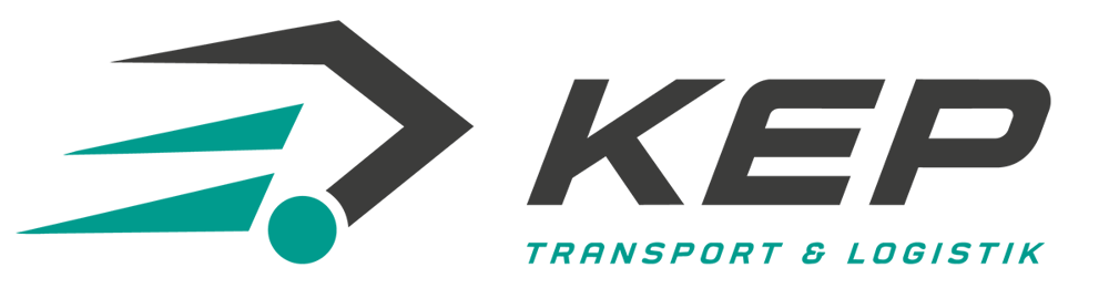 Logo von KEP Transport & Logistik mit stilisiertem LKW in Türkis und Dunkelgrau.