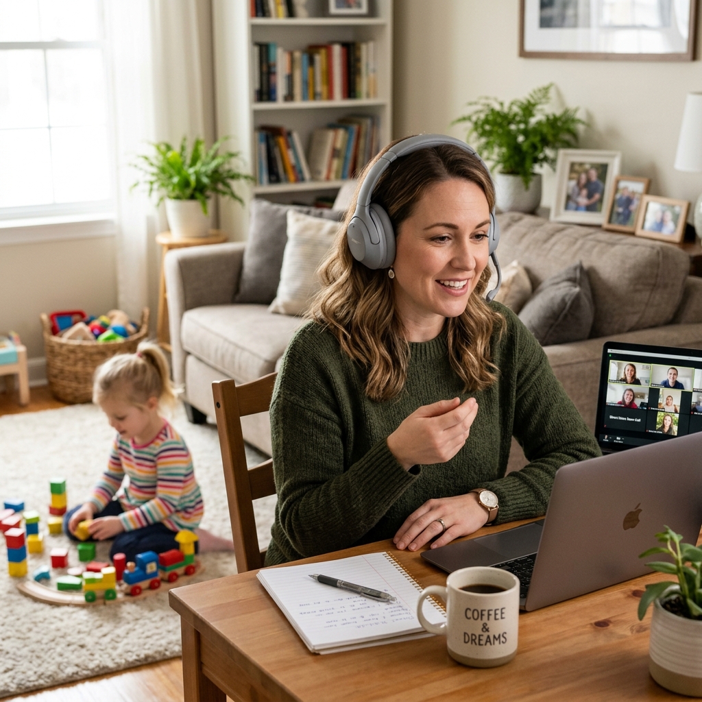 Frau sitzt entspannt am Tisch mit einer Tasse Kaffee