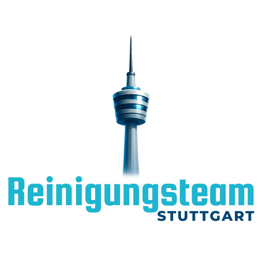 Stuttgarter Fernsehturm über "Reinigungsteam" in Blau, "STUTTGART" kleiner darunter auf grünem Hintergrund.
