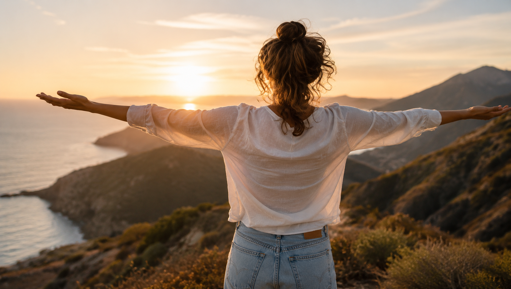 Selbstbestimmte Frau bei Sonnenuntergang als Sinnbild für Unabhängigkeit als OnlyFans-Creatorin