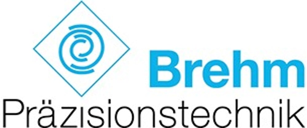 Logo von Brehm Präzisionstechnik mit blauem spiralförmigen Symbol in einem Quadrat.