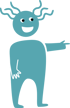 Blaues, glückliches Monster mit Tentakeln auf dem Kopf, das mit der rechten Hand nach rechts zeigt.