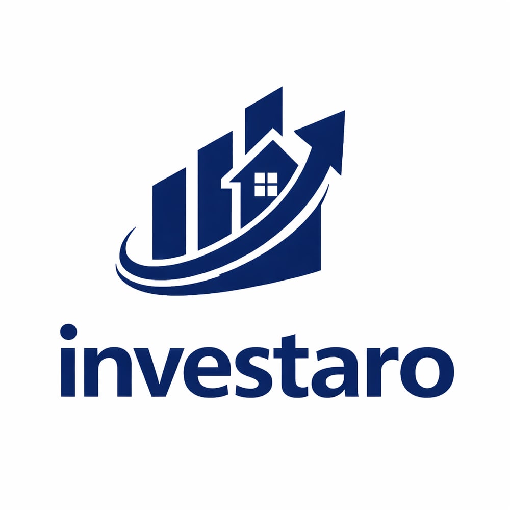 Blaues Investaro-Logo mit aufsteigendem Pfeil, Haus und Balkendiagramm.