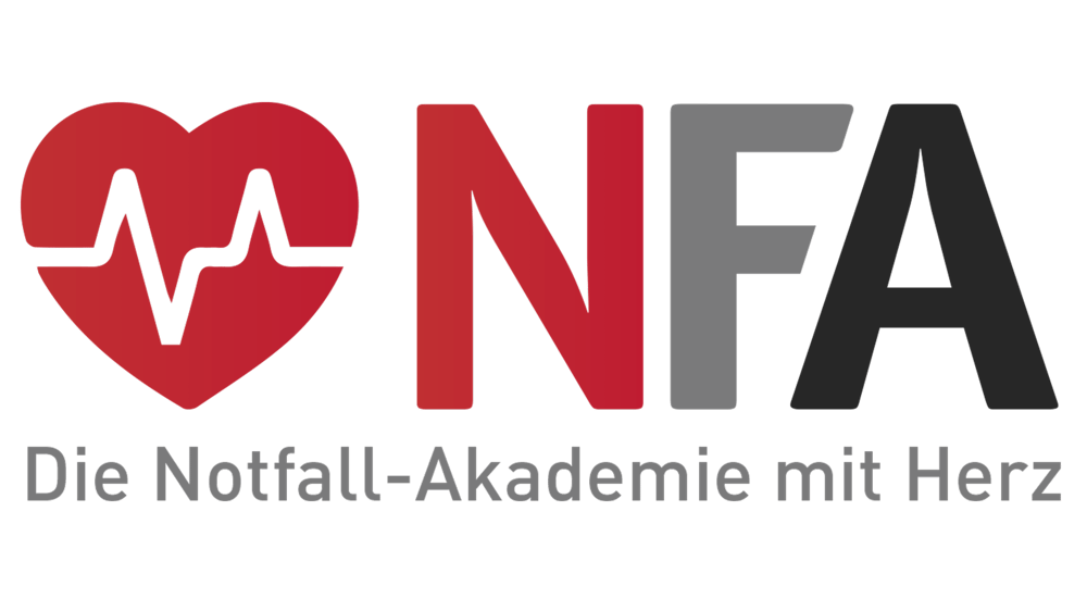 Logo "NFA Die Notfall-Akademie mit Herz": Rotes Herz mit EKG-Linie, rote Buchstaben N und F, graues A, grauer Text darunter.