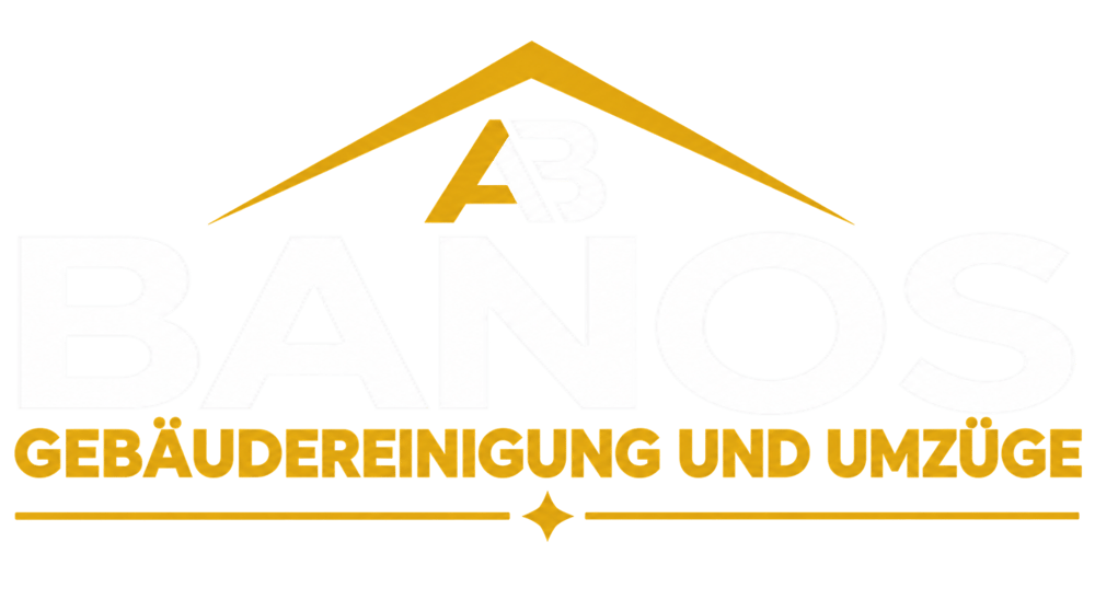 Banos logo with yellow roof icon and text "Gebäudereinigung und Umzüge" for building cleaning and moving services.