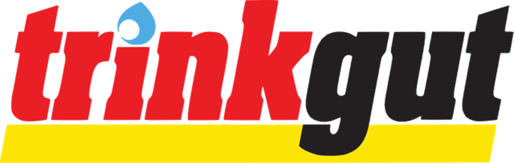 Trinkgut-Logo in Rot, Schwarz und Gelb mit einem Wassertropfen über dem "i".